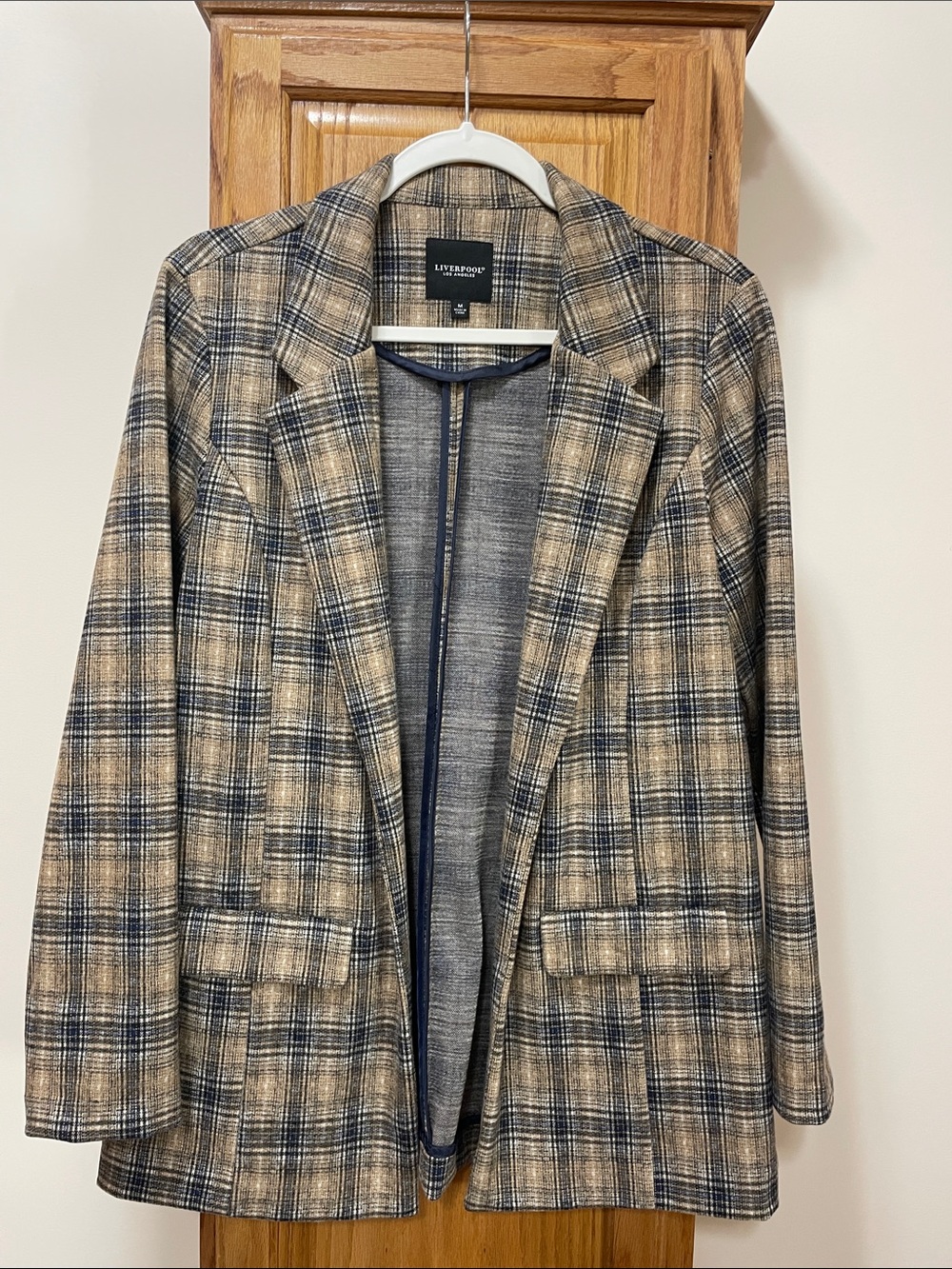 Liverpool Plaid Open-Front Blazer Jacket - Beige & Navy Size Medium